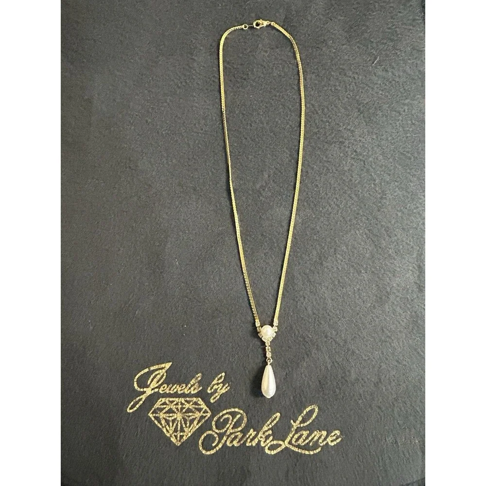 Park Lane Gold Tone Herringbone Faux Pearl Rhinestone 18" Necklace J322 - Picture 5 of 10